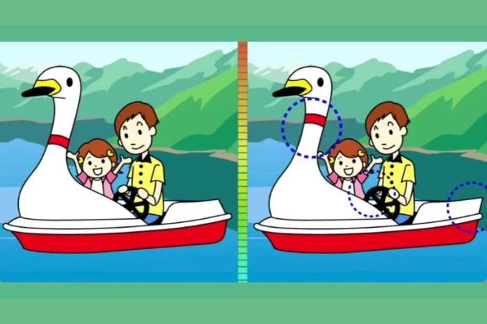 Perbedaan pada gambar orang naik perahu bebek.