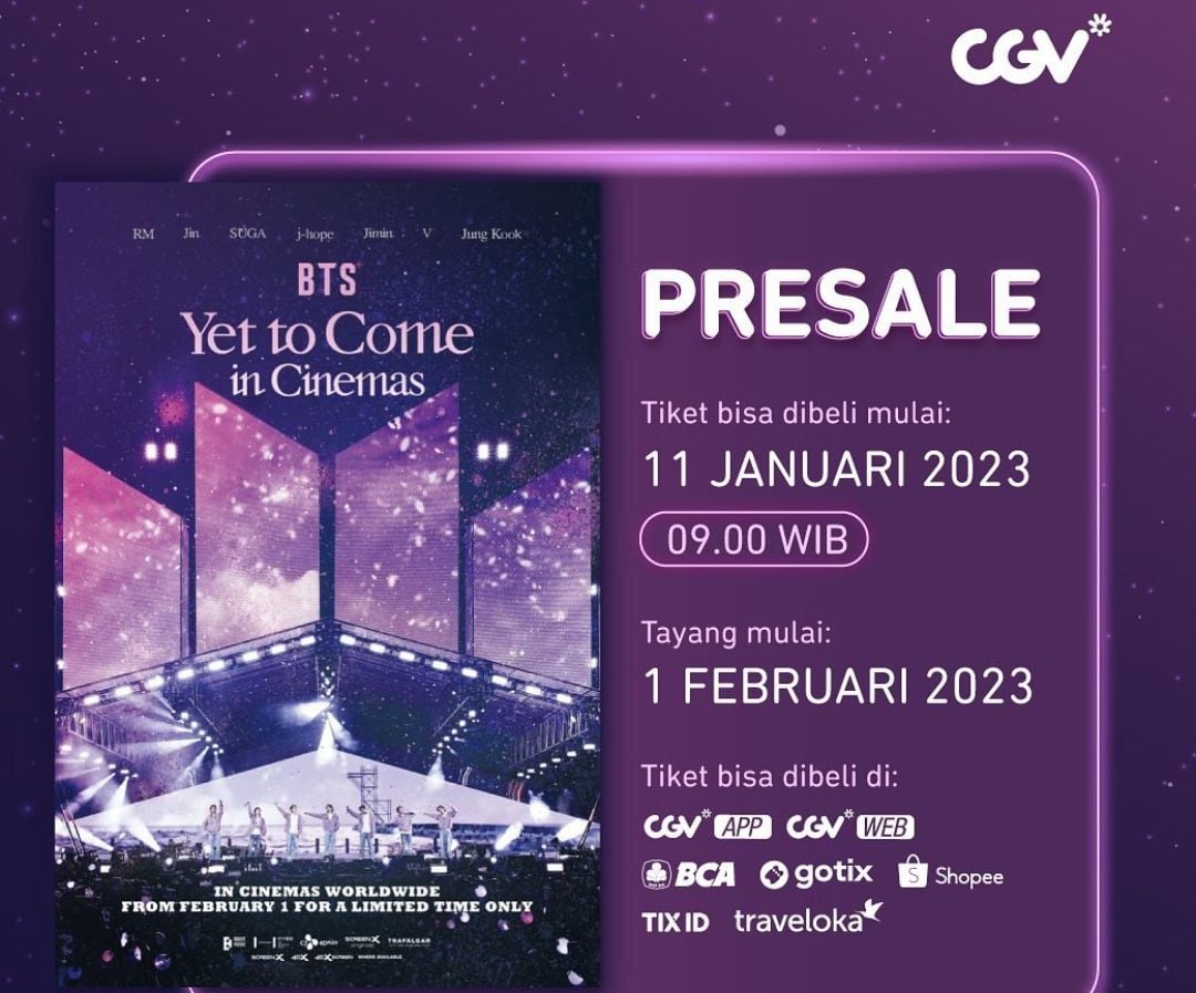 Tiket BTS Yet To Come in Cinemas diual mulai 11 Januari 2023 di CGV Cinemas Indonesia./Instagram @cgv.id