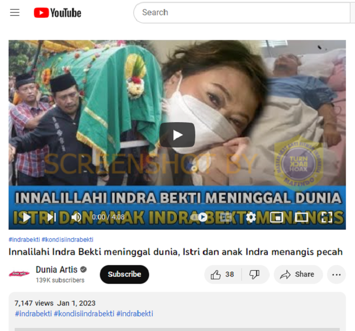HOAKS - Beredar sebuah video di YouTube yang menyebut jika Indra Bekti meninggal dunia. Hal itu telah dibantah oleh sang adik, Cipta.*