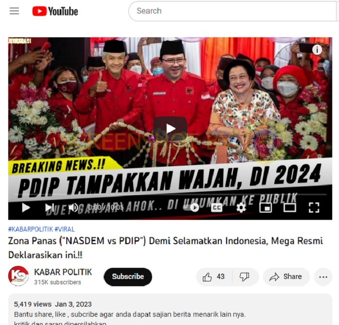 HOAKS - Beredar sebuah video yang  menyebut jika PDIP resmi mendeklarasikan Ganjar Pranowo dan Ahok untuk Pemilu 2024.*