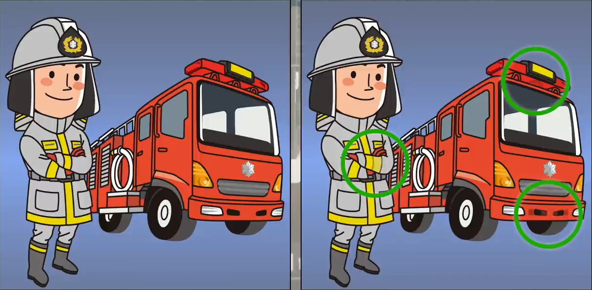 Letak tiga perbedaan pada gambar pemadam kebakaran ini.*