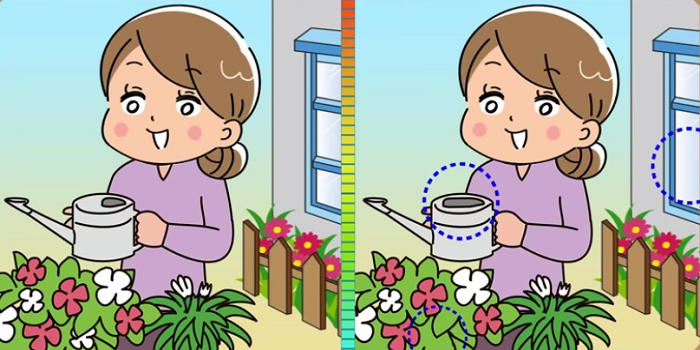 3 perbedaan dari gambar ibu-ibu menyiram tanaman.