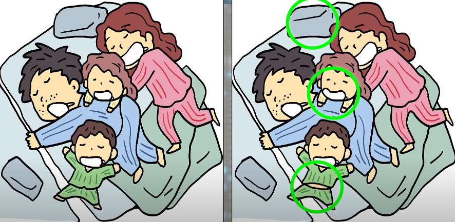 Letak 3 perbedaan gambar keluarga tidur.