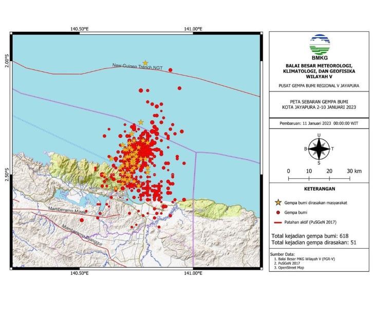 Peta sebagaran pusat gempa bumi yang melanda Kota Jayapura Papua sejak 2 Januari 2023. e