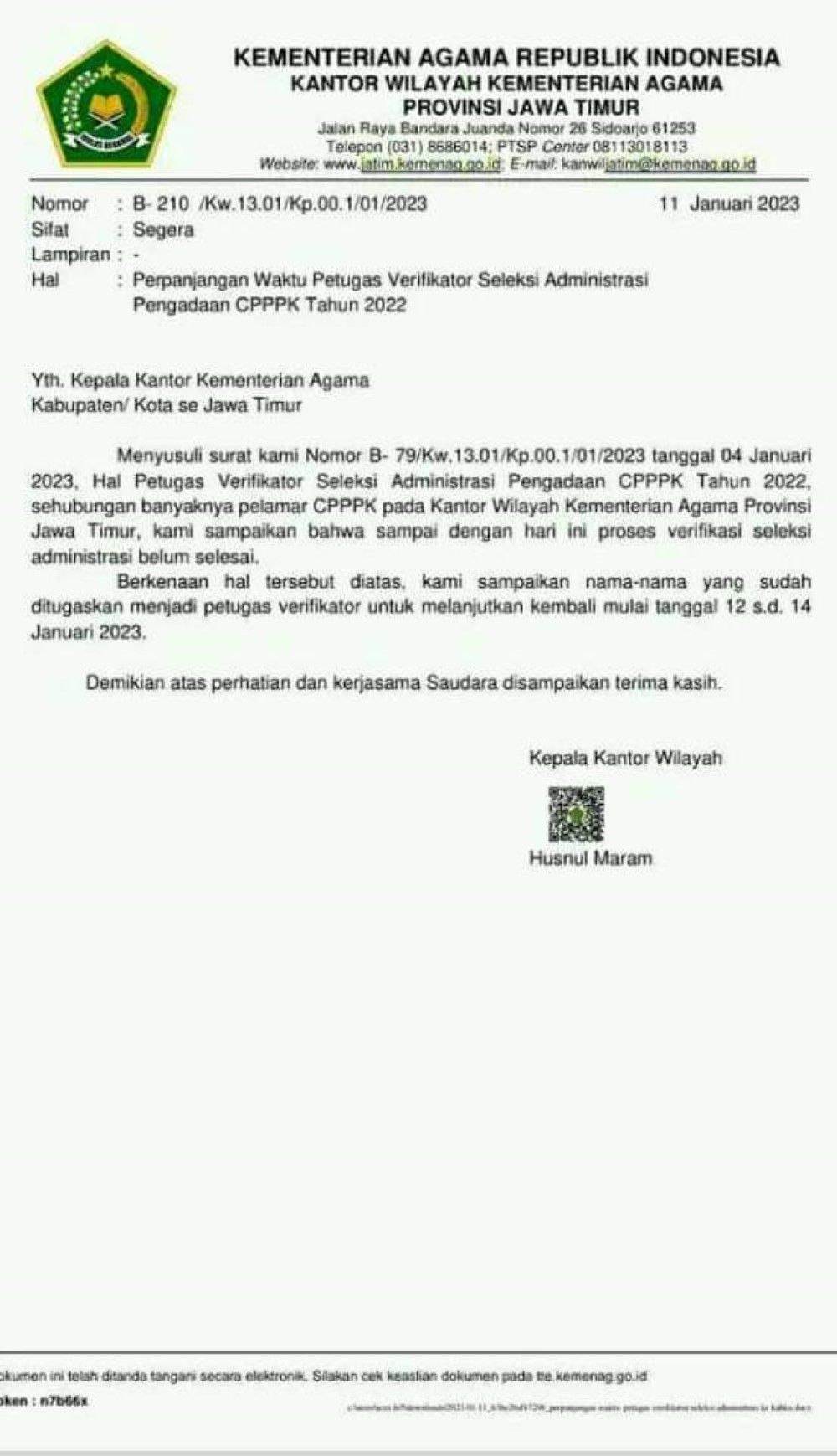 Beredar surat pengunduran pengumuman hasil seleksi administrasi PPPK Kemenag di Provinsi Jawa Timur