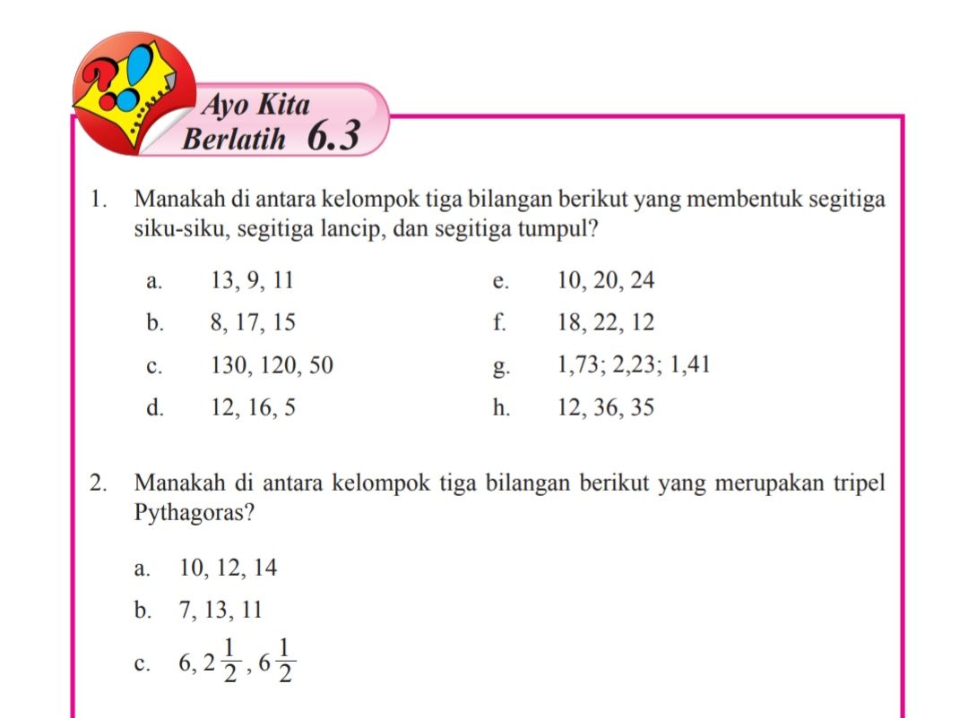 Ilustrasi. Kunci jawaban Matematika Kelas 8 SMP MTs halaman 31 32 Semester 2 nomor 1 - 9 dan cara, Ayo Kita Berlatih 6.3 tripel dan Teorema Pythagoras.
