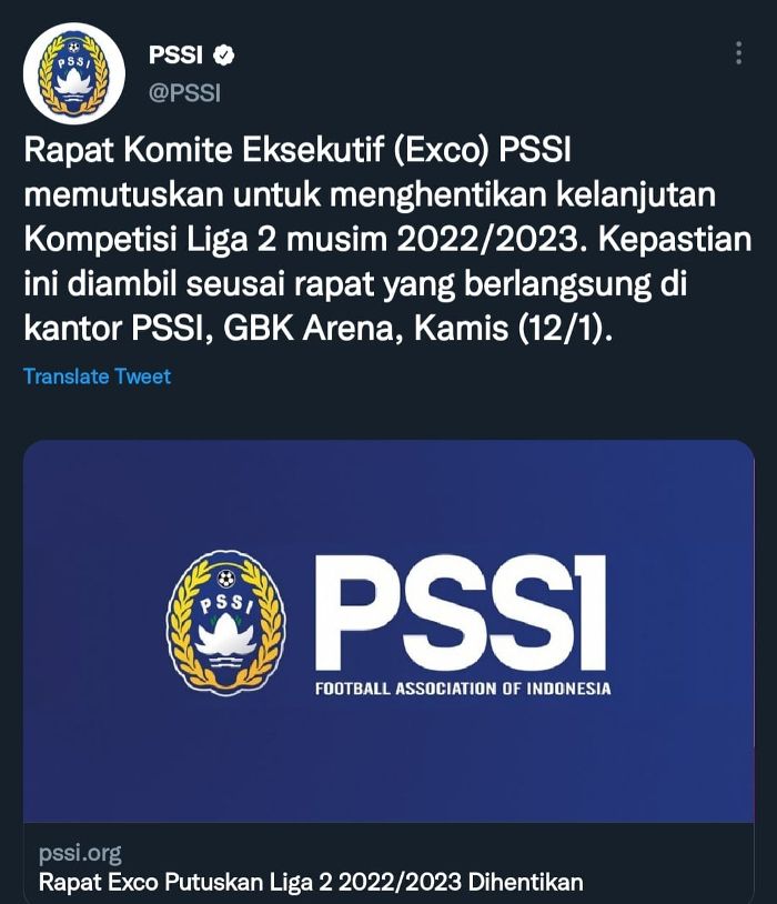 Tangkapan layar postingan PSSI di twitter soal dihentikannya liga 2