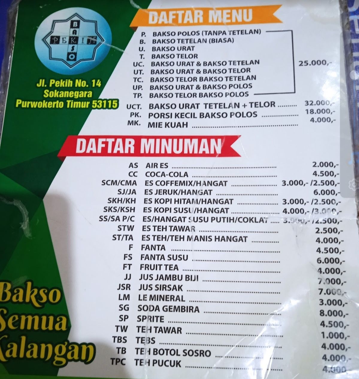 Daftar menu kuliner bakso Purwokerto 