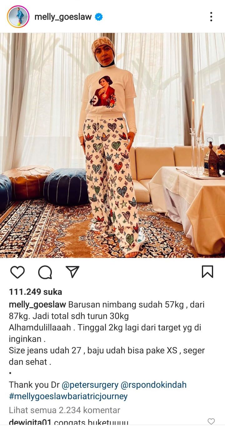 Melly Goeslaw mengunggah foto dengan tubuh yang ideal setelah berhasil menurunkan berat badan 30 kilogram.*