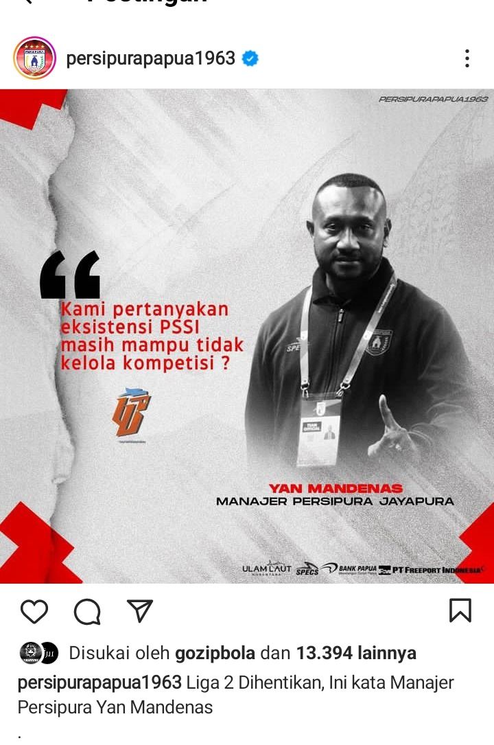 Tangkapan layar sikap Persipura yang diunggah diakun instagram @persipurapapua, Sabtu 14 Januari 2023