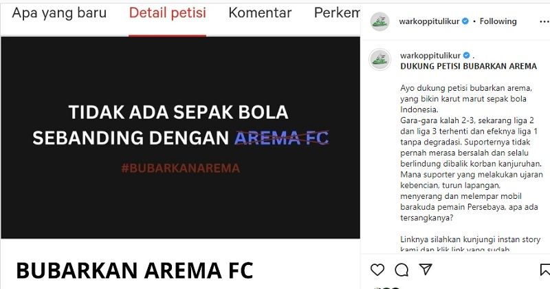 Unggahan ajak dukung tandatangani petisi bubarkan Arema FC