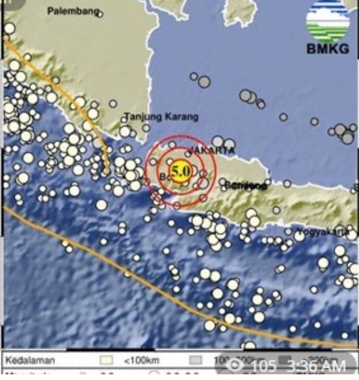 Peta pusat gempa bumi tektonik yang melanda Kota Bogor  Minggu 15 Januari 2023.