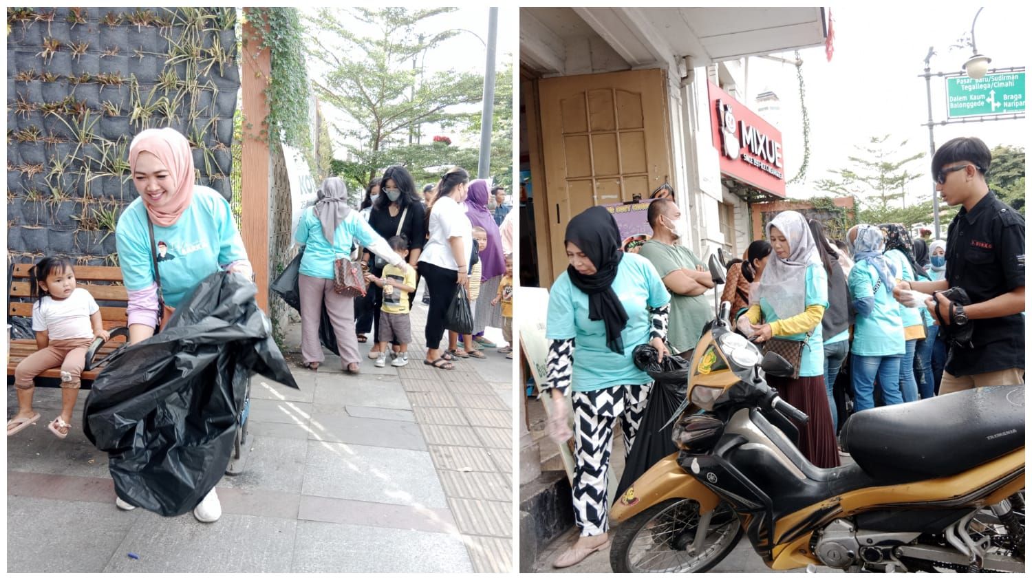 Sejumlah relawan Barka saat memungut sampah usai mendeklarasikan dukungan terhadap Ketua Karangtaruna Kota Bandung Andri Gunawan untuk maju sebagai calon walikota Bandung 2024