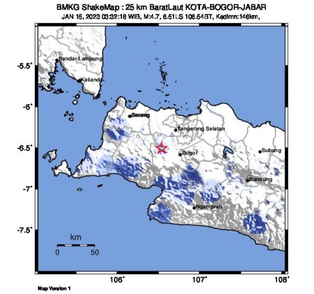 Pusat gempa yang mengguncang wilayah Bogor pada dini hari tadi, Minggu 15 Januari 2023 memiliki magnitudo update M4,7.