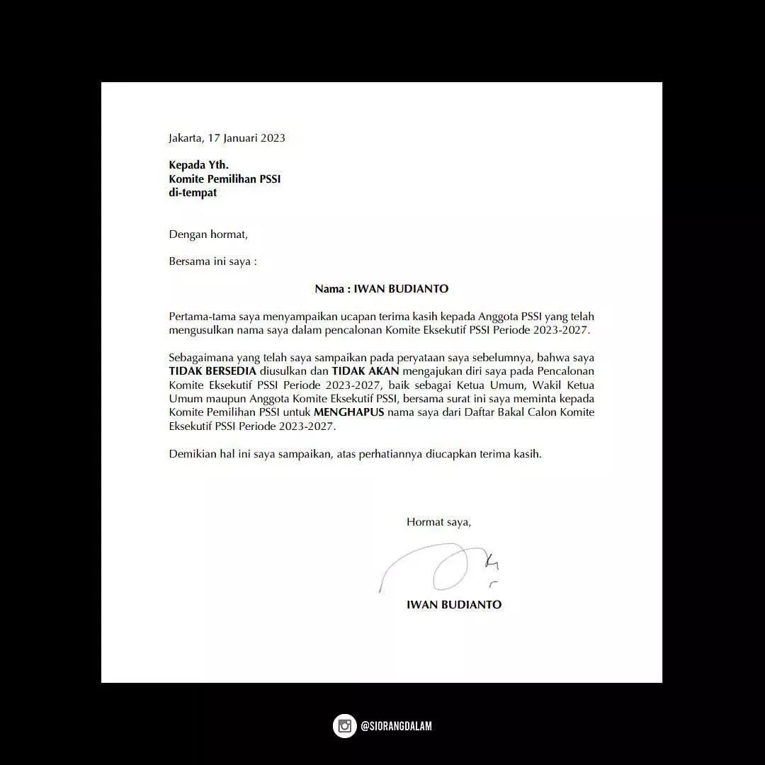 Surat Pernyataan Iwan Budianto