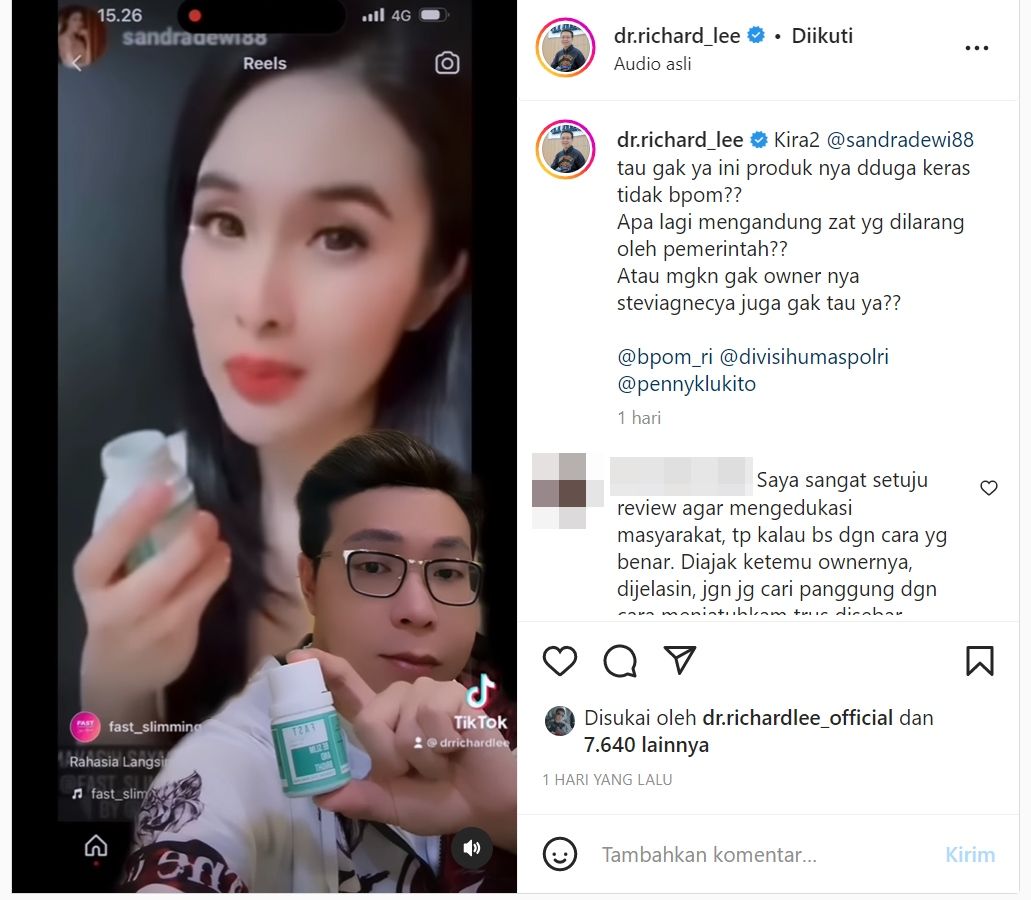 Produk Endors Obat Diet Sandra Dewi Diduga Belum Terdaftar BPOM, Richard Lee: Ownernya Gak Tahu Ya?