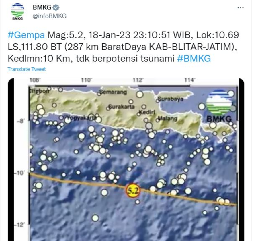 Keterangan resmi BMKG soal gempa Mag 5,2 yang mengguncang kawasan Blitar, Provinsi Jawa Timur, Rabu 18 Januari 2023, pukul 23.10 WIB.