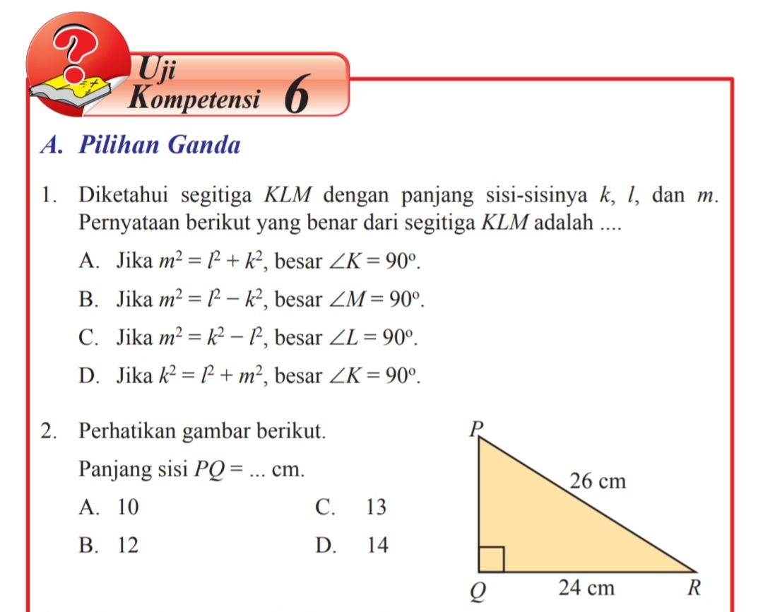 Ilustrasi - Kunci jawaban Matematika Kelas 8 SMP MTs halaman 45 46 47 48 49 Uji Kompetensi 6 pilihan ganda dan cara, Teorema Pythagoras Semester 2.