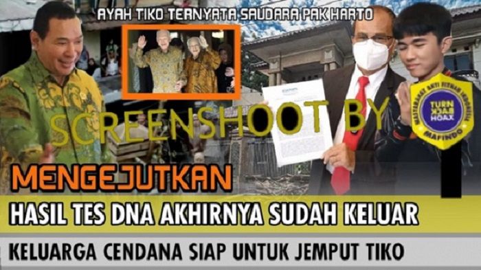 HOAKS - Beredar sebuah video yang menyebut jika ayah Tiko merupakan saudara kandung Soeharto, dan Keluarga Cendana siap menjemputnya.*