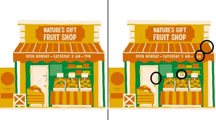 Perbedaan pada gambar toko buah di tes IQ.