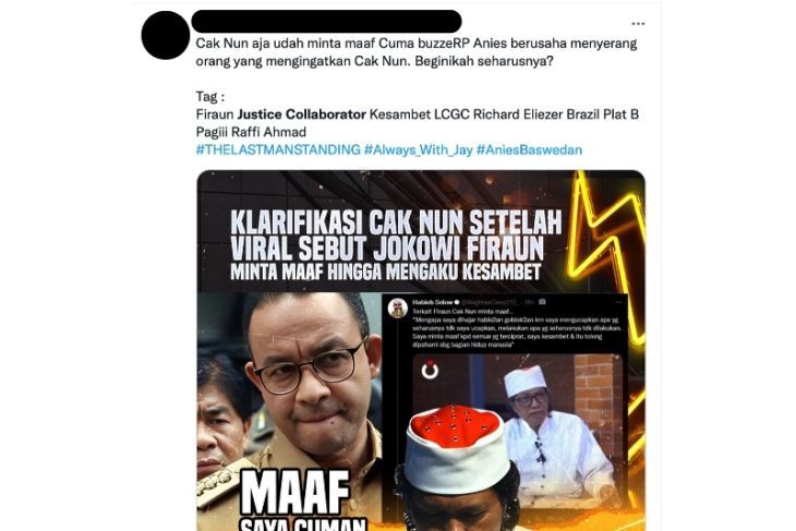 Tangkapan layar hoaks Cak Nun sebut Jokowi 'Firaun' adalah perintah Anies Baswedan. (Twitter)mbuat video klarifikasi di media sos