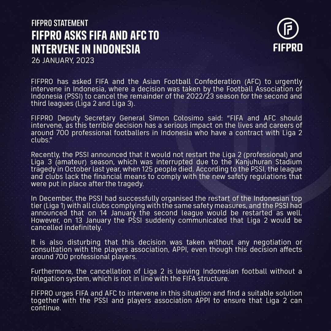 Pernyataan resmi FIFPro yang diunggah di akun instagram