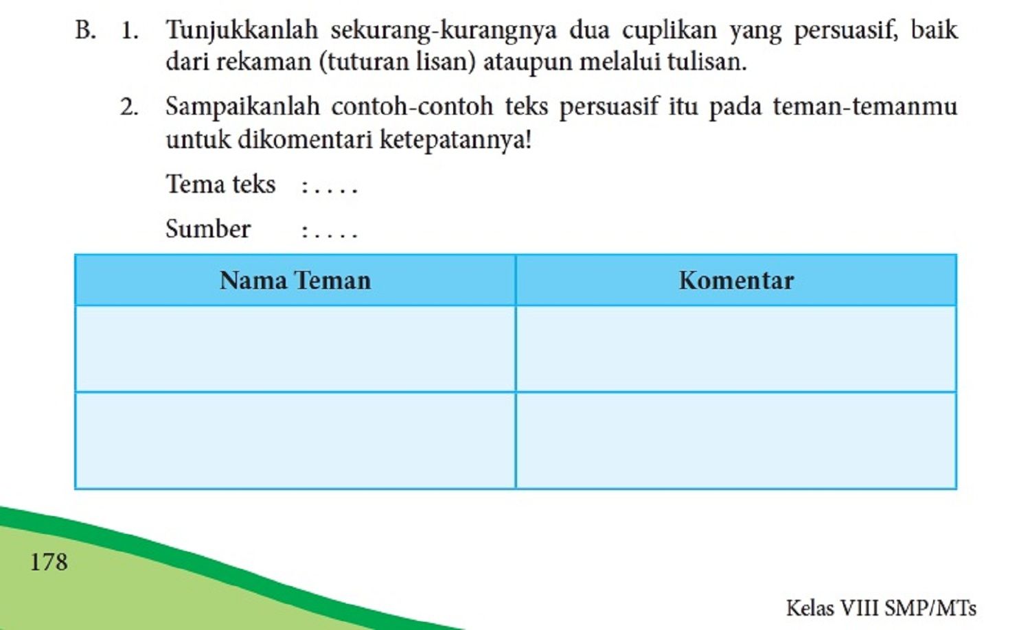 Menuliskan Contoh Teks Persuasif dalam Kunci Jawaban Bahasa Indonesia Kelas 8 Halaman 178 Kegiatan 7.1 