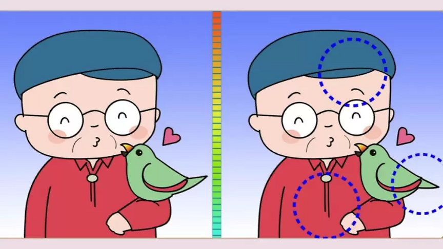 Jawaban tes IQ dalam menemukan perbedaan gambar kakek bersama burungnya. 