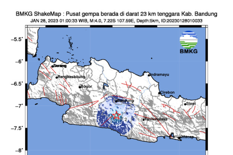 Gempa berkekuatan 4.0 magnitudo dilaporkan telah mengguncang wilayah Kabupaten Bandung, Jawa Barat, Sabtu 28 Januari 2023 dini hari.