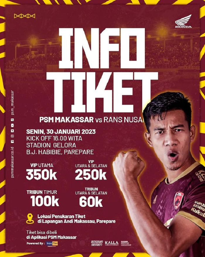 Informasi tiket untuk menonton laga PSM Makassar vs RANS Nusantara FC