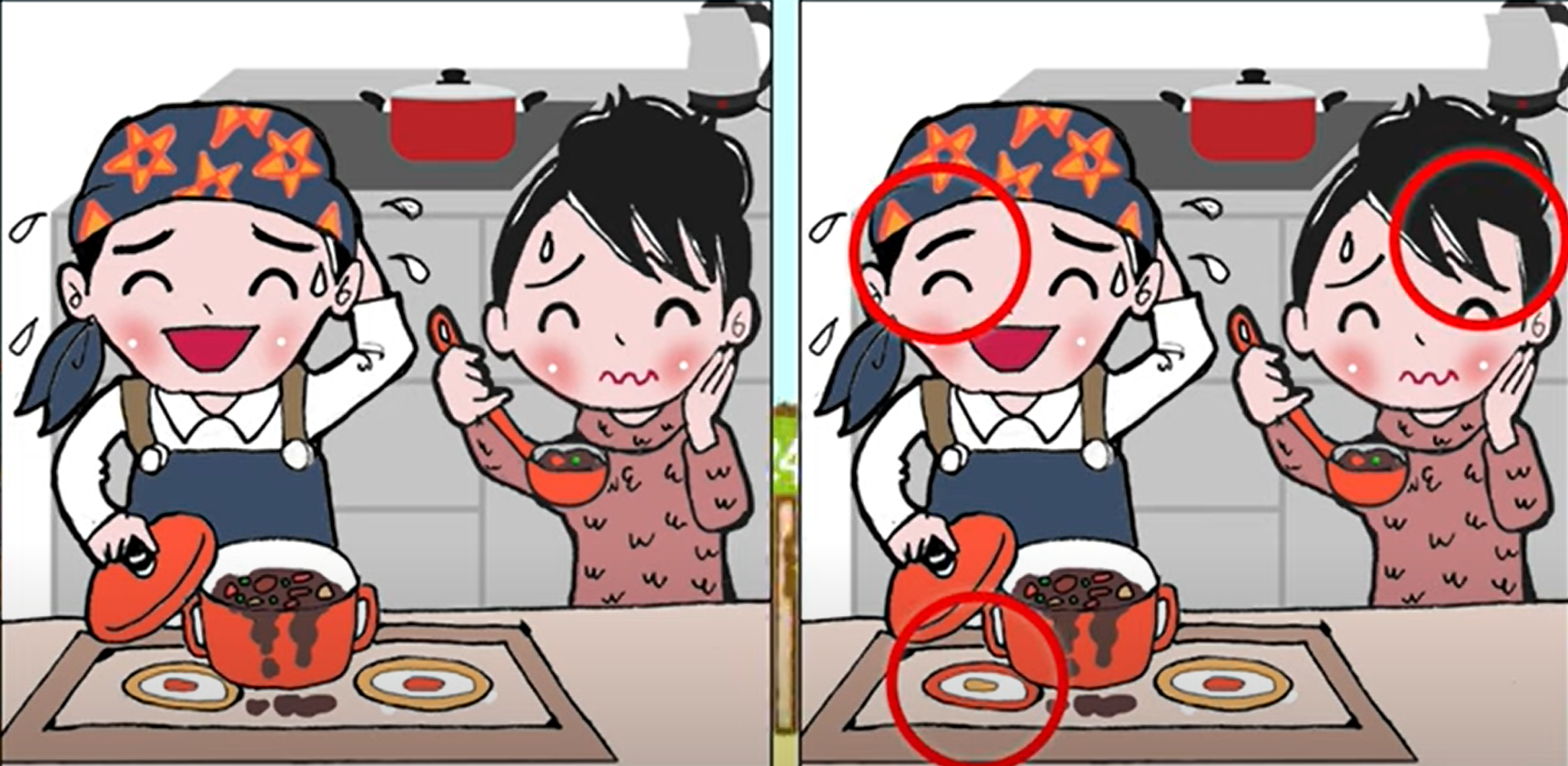 Jawaban tes IQ dalam menemuaknperbedaan pada pasangan yang sedang memasak di gambar.