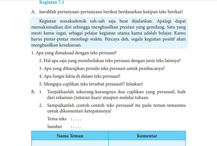 Uraian kunci jawaban Bahasa Indonesia kelas 8 halaman 178 kegiatan 7.1 semester 2 bagian A dan B BAB 7 teks persuasi   