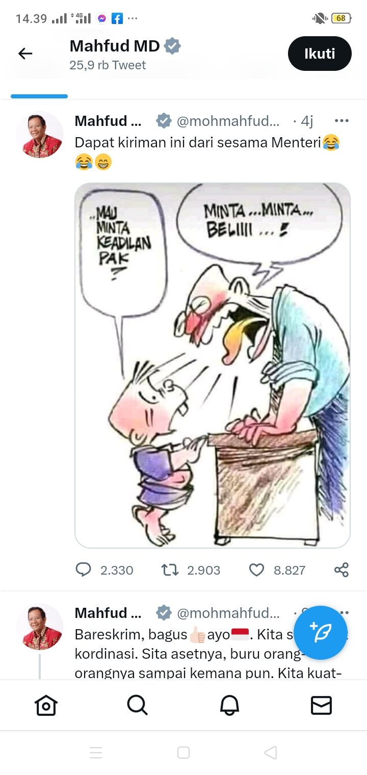 Unggahan Mahfud MD tentang gambar kartun bertema keadilan di akun Twitternya, Selasa 31 Januari 2023. 