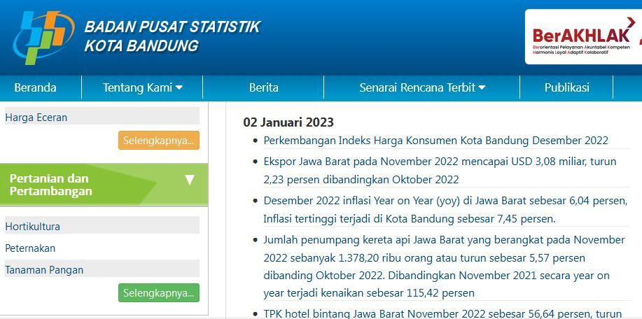 Tampak layar BPS Kota Bandung yang menyajikan data Kotamadya ini begitu lengkap. BPS Subang gimana?/BeritaSubang.Com