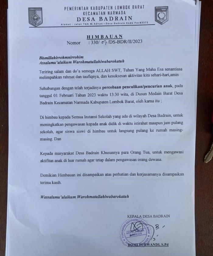 Surat Pemerintah Desa Badrain, Lombok Barat terkait himbauan kewaspadaan adanya penculikan anak