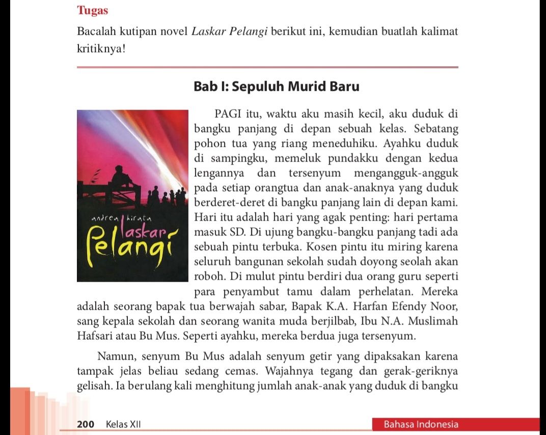 Kunci Jawaban Tugas Bahasa Indonesia Kelas 12 Halaman 200 Novel Laskar Pelangi, Buatlah Kalimat Kritiknya.*
