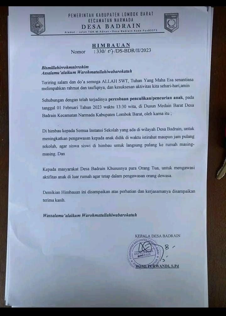 Cek Fakta perihal Surat peringatan Kades Badrain, kecamatan Narmada Lombok Barat, diminta hati-hati karena seorang anak main lato lato mau diculik? 