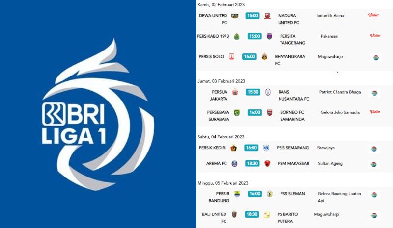 Jadwal pertandingan BRI Liga 1 2022-2023 pekan ke-22, mulai hari ini Kamis, 2 Februari 2023 sore hari.