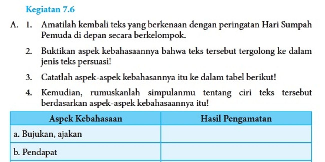 Kunci Jawaban Bahasa Indonesia Kelas 8 Halaman 190, Aspek Kebahasaan Teks Hari Sumpah Pemuda di Kegiatan 7.6
