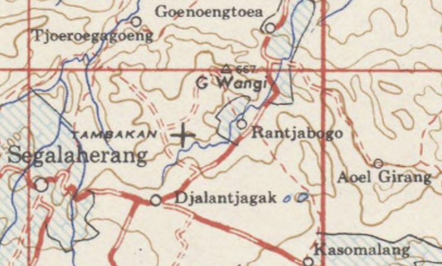Tanda (+) adalah lokasi lapangan terbang Tambakan Subang pada peta tahun 1945.