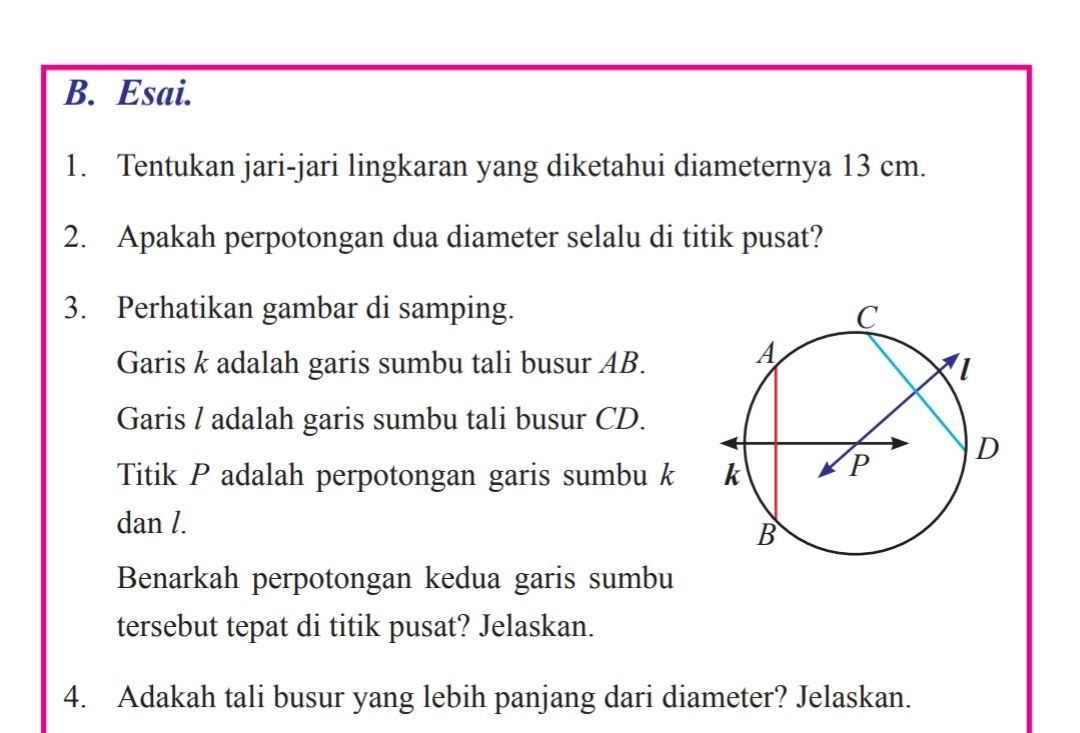 Ilustrasi - Kunci jawaban Matematika Kelas 8 Semester 2 halaman 68 69 Ayo Kita Berlatih 7.1 esai nomor 1 - 10 dan cara jari-jari lingkaran, diameter.
