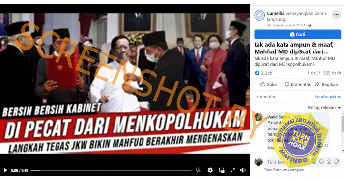 HOAKS - Beredar sebuah video yang diunggah di Facebook yang menyebut jika Mahfud MD dipecat sebagai Menkopolhukam.*