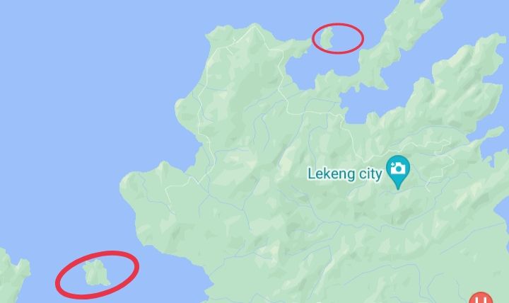 Wilayah administrasi Desa Batu Tiga (dalam lingkaran merah) menurut versi SK 20 Tahun 1997 yang hanya terdiri dari Pulau Medang dan Pulau Boleng. 