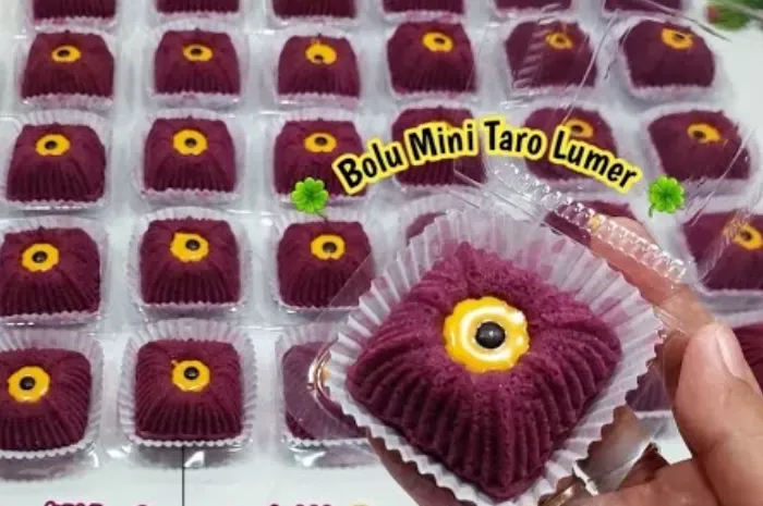 Resep bolu mini taro yang cantik dan menul-menul, ide  usaha titipan warung Rp2000 yang super enak!