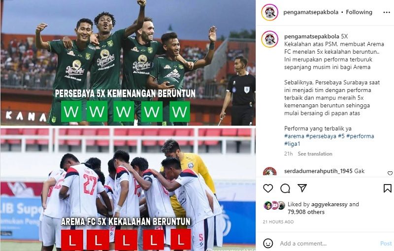 Perbedaan performa Persebaya Surabaya dengan Arema FC menjadi pembicaraan netizen bola