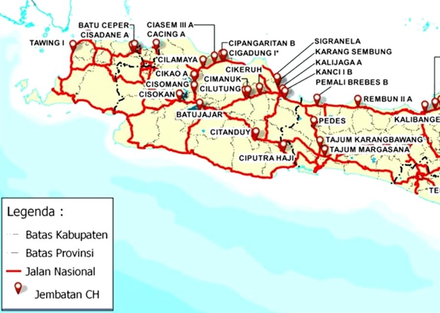 Lokasi jembatan jenis type Callender Hamilton di pantura Jawa Barat.