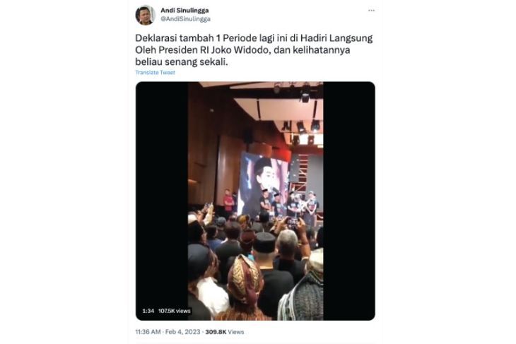 HOAKS - Beredar sebuah video di Twitter yang menyebut jika Presiden Jokowi mendeklarasikan tiga periode.*