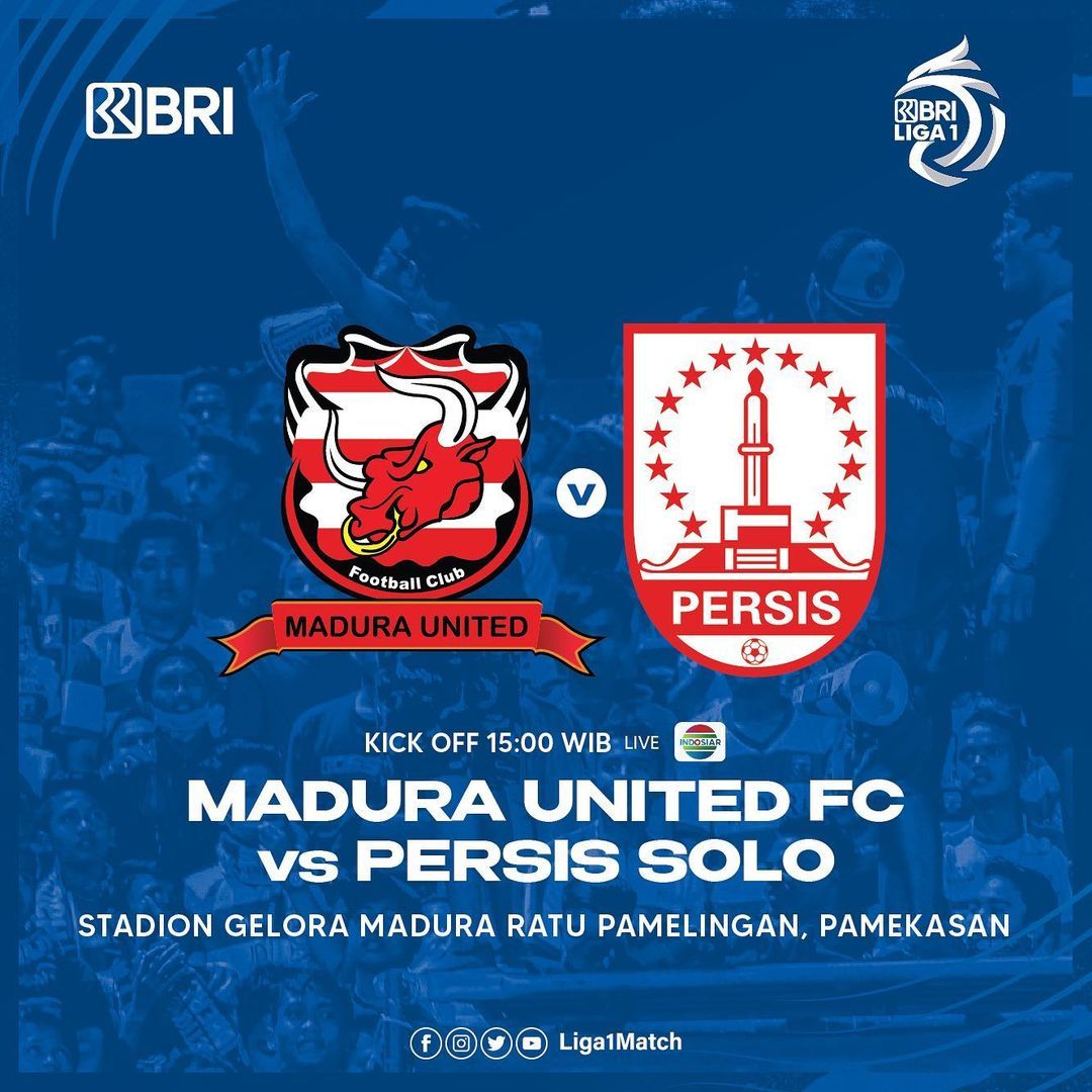 Jadwal pertandingan dan prediksi skor Madura United vs Persis Solo pada BRI Liga 1 yang ditayangkan melalui stasiun televisi Indosiar.