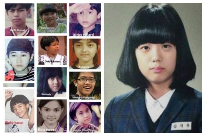 Foto Soimah di masa remaja di antara beberapa artis lainnya (kanan) dan foto Jisoo sewaktu remaja (kiri).