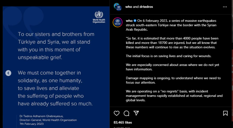 Ungkapan empati WHO kepada korban Gempa Turki./Instagram @who/
